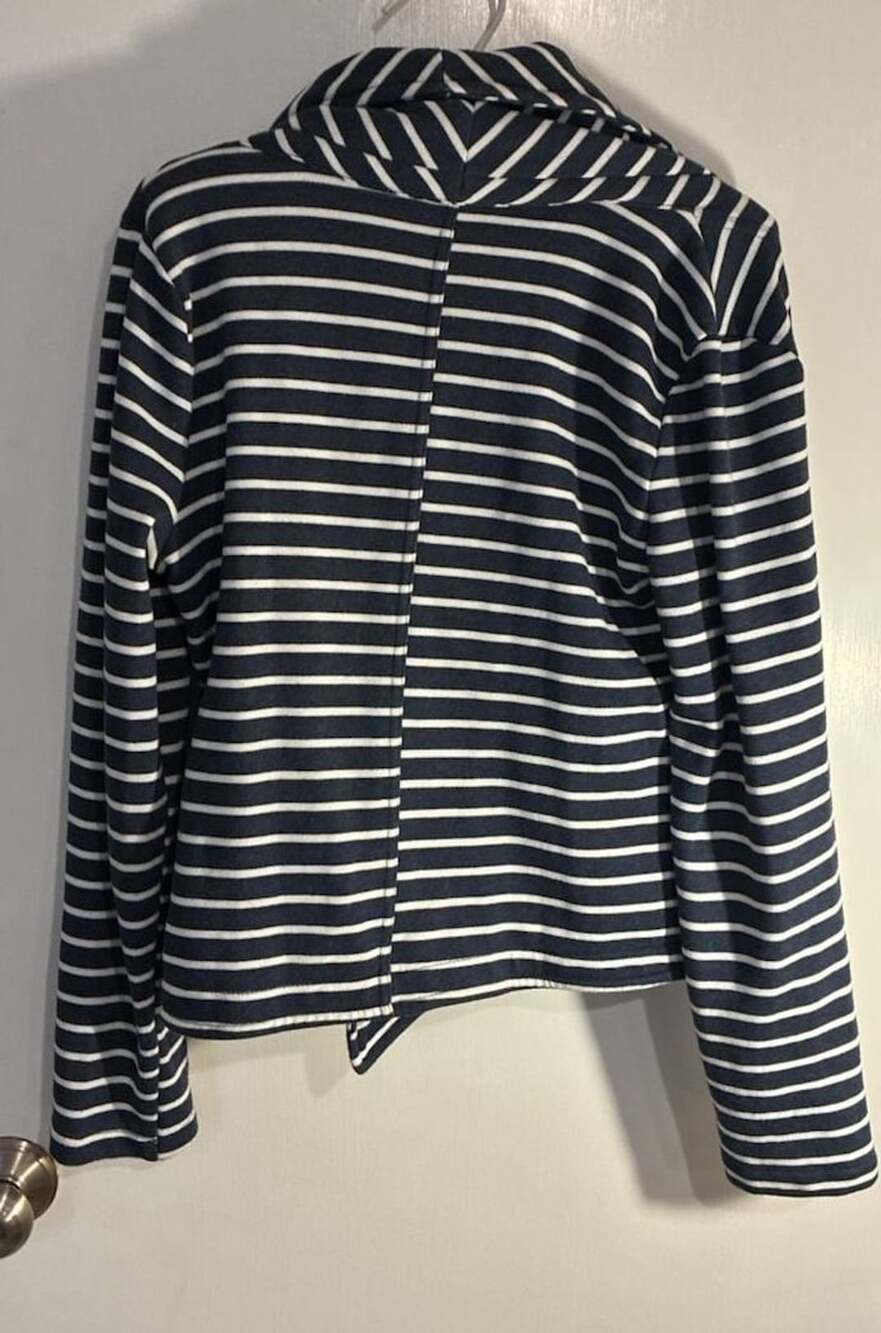 Mystree Striped French Terry Jacket Size M Blue White Asymmetrical Zip - Picture 6 of 6